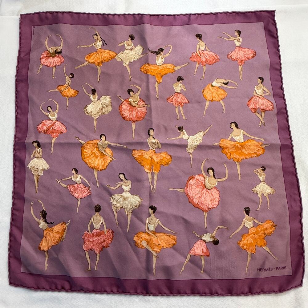 Hermes Paris Ballet Dancer 100% Silk Vintage Rolled Edge Pocket Square C 1961